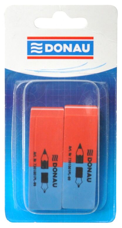 Vielseitiger Radiergummi DONAU, 57x19x8mm, Blisterpackung - 2 Stück, blau-rot, 50 Stück