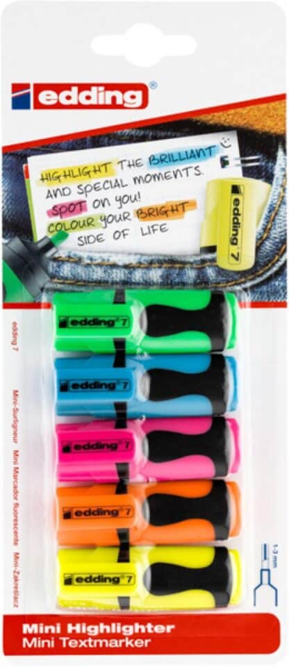 Mini Textmarker EDDING e-7, 1-3mm, 5er Set, Blister, Farbmix 1 PA