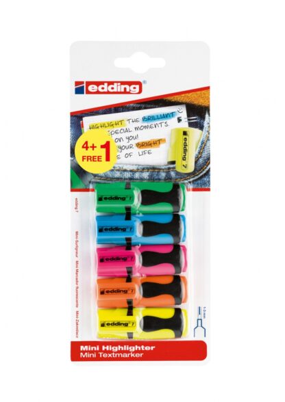 Mini Textmarker EDDING e-7, 1-3mm, Farbmix, 5 Stück, Blisterpackung 1 PA