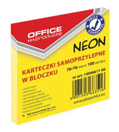 Selbstklebende Notizblöcke, OFFICE PRODUCTS, 76x76mm, 1x100 Blatt, neon, gelb, 12 Stück