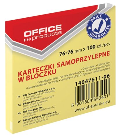 Selbstklebende Notizblöcke OFFICE PRODUCTS, 76x76mm, 100 Blatt, hellgelb, 12 Stück