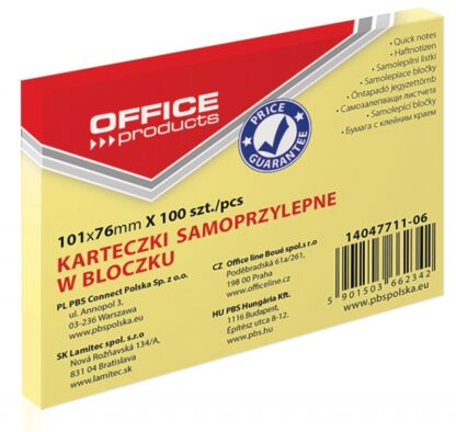 Selbstklebende Notizblöcke, OFFICE PRODUCTS, 101x76mm, 1x100 Blatt, Pastell, Hellgelb, 12 Stück