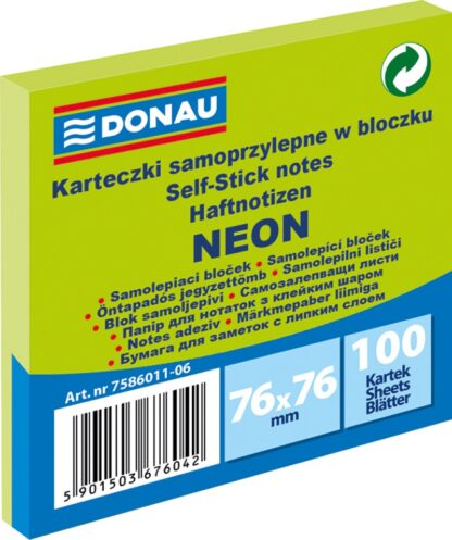 Selbstklebendes Notizblock, DONAU, 76x76mm, 1x100 Blatt, neon, grün 1 Stück